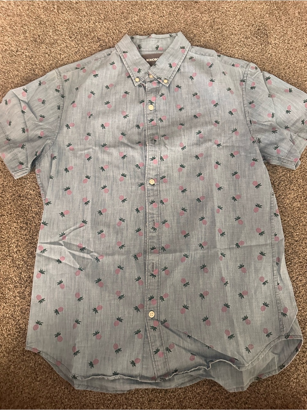 Bonobos Light Blue Short-Sleeve Button-Down with Pink Pineapple Print